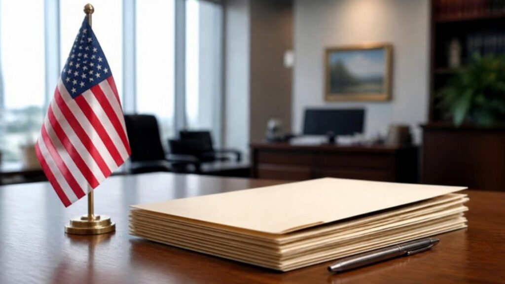 A small American flag on a wooden desk beside a stack of folders and a pen